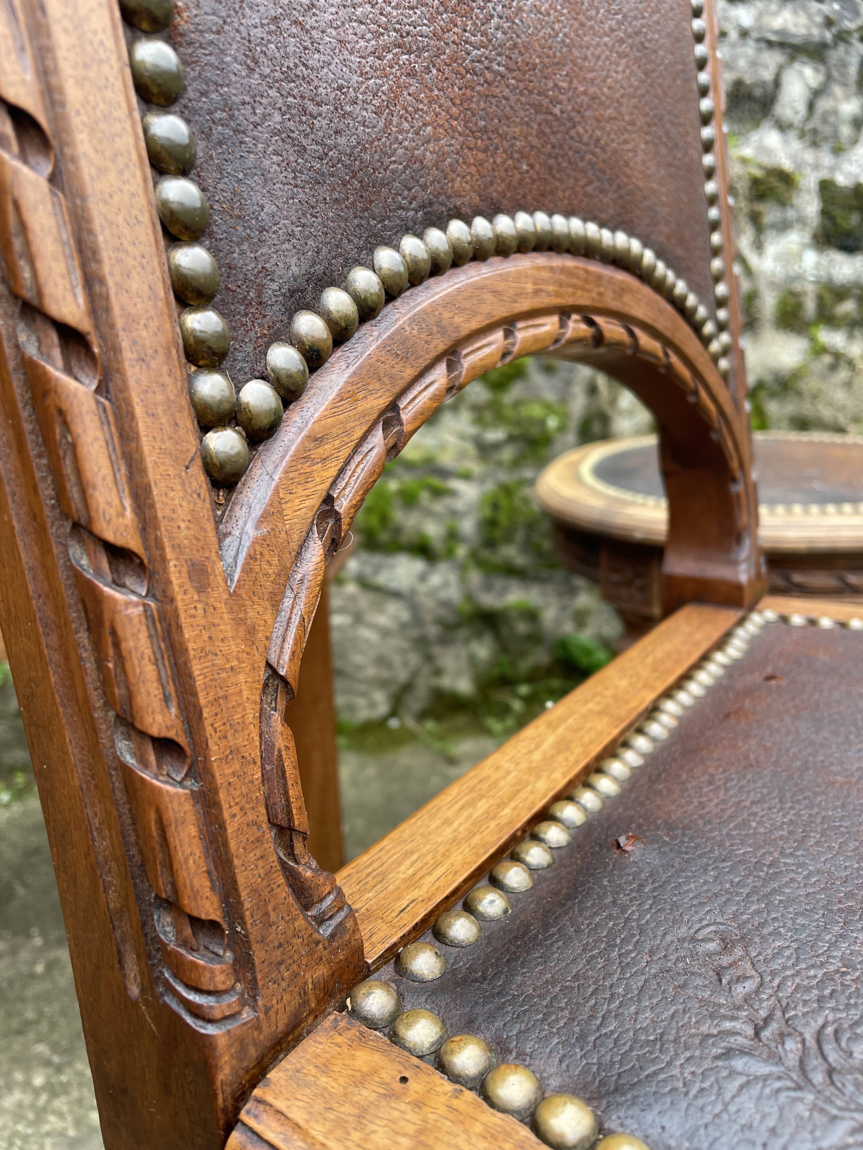 6 Louis XVI style chairs in solid beech and Cordovan leather, 1900