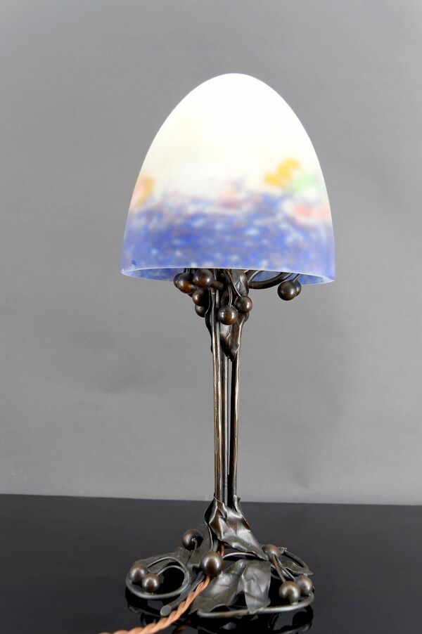 Lampe Art Nouveau/Déco, bronze, pâte verre Muller Frères Lunéville, c. 1920