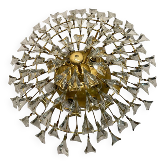 Grand plafonnier en laiton et cristal par Stilkronen Italie années 1970