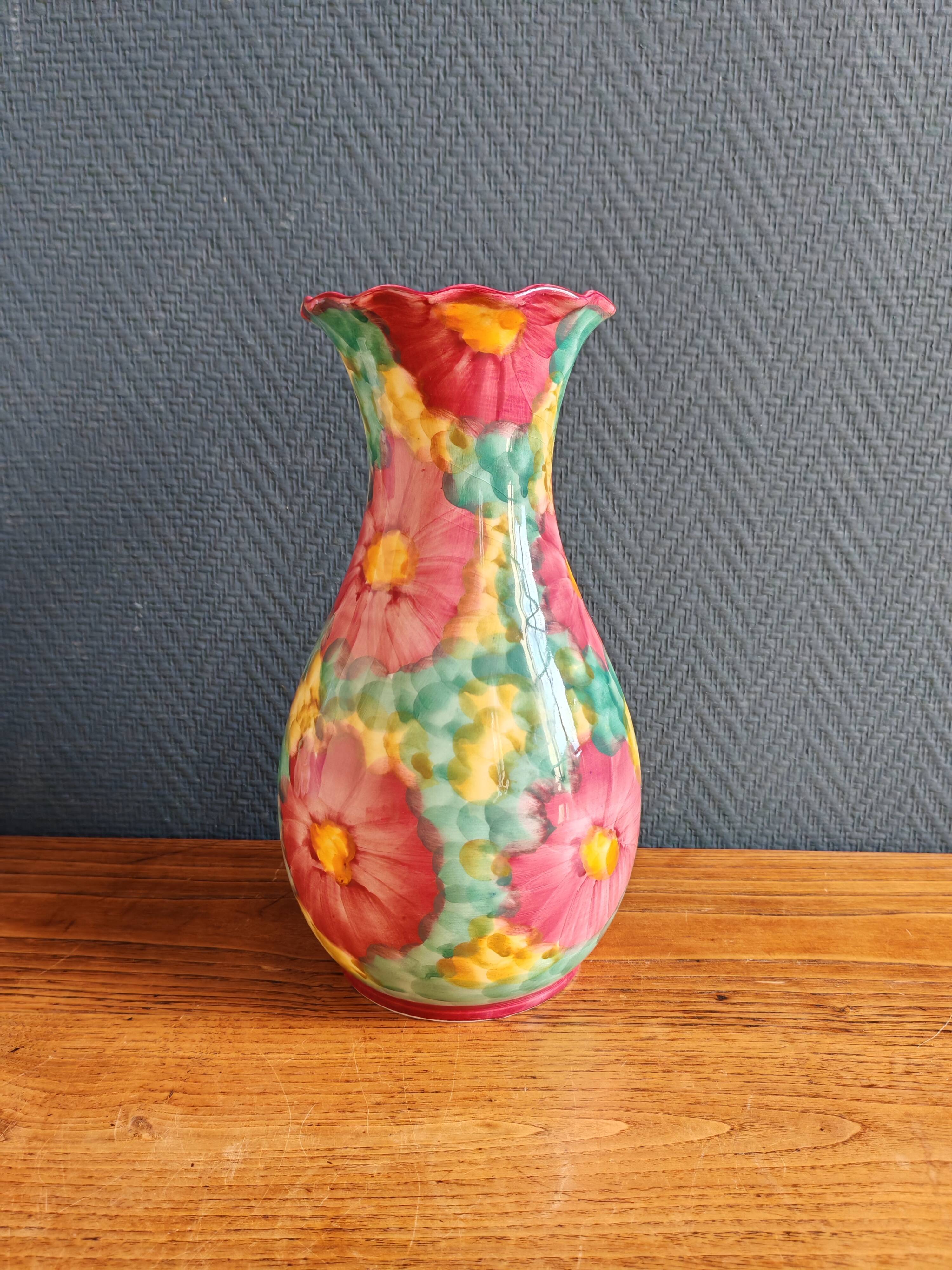 Vintage Floral Ceramic Vase - Large Barbotine Vase with Pink Flowers