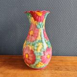 Vintage Floral Ceramic Vase - Large Barbotine Vase with Pink Flowers