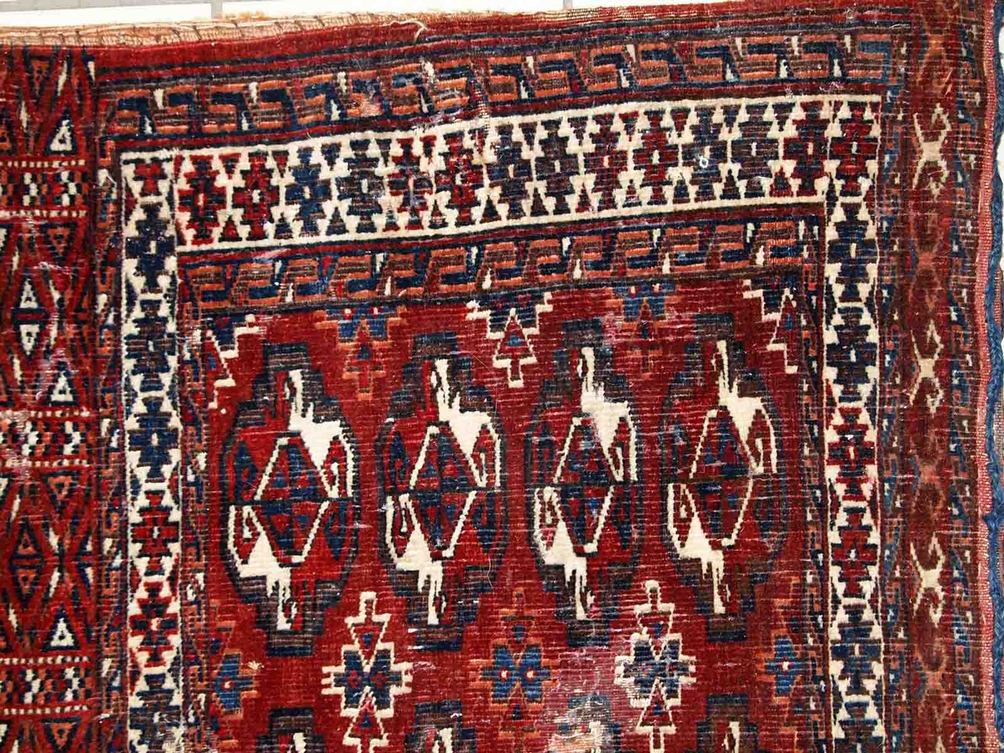 Ancient turkmen yomud handmade carpet 70cm x 118cm 1900s, 1c725