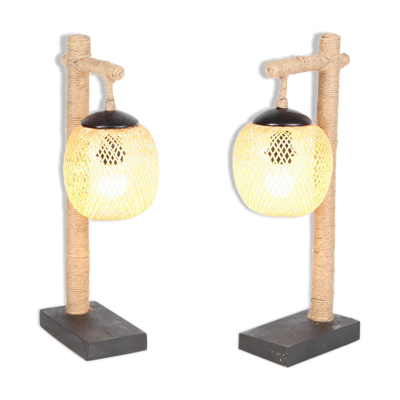 Paire de lampes en bambou et corde