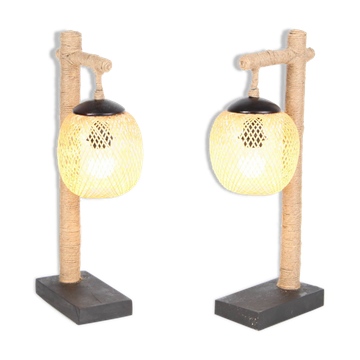 Paire de lampes en bambou et corde