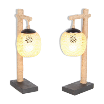 Pair of bamboo and rope lamps