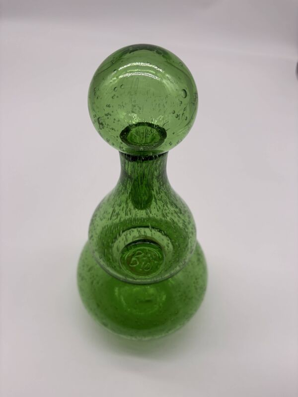 Service à liqueur Biot verre soufflé vert bullé carafe 6 verres plateau