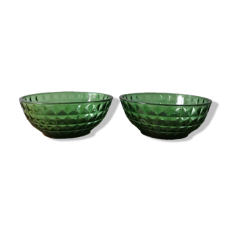 Set of 2 vintage green bowl in faceted molded glass