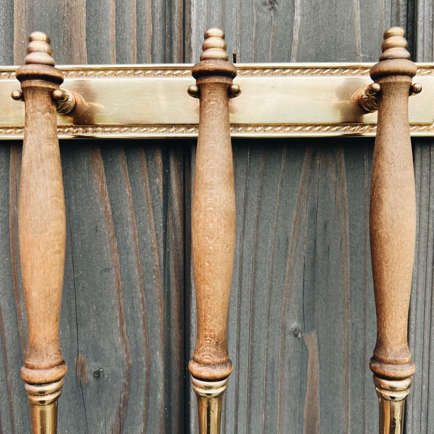 Brass holder with 3 brass & wood utensils