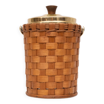 Wicker Ice bucket Brass lid and ice tongs 1960s