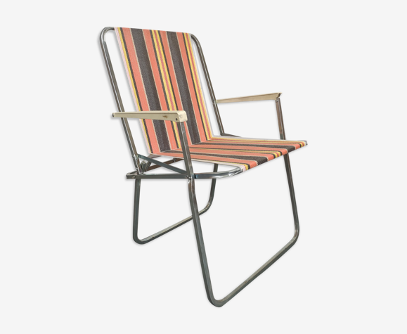 Ancien fauteuil pliant bord de mer vintage orange noir jaune
