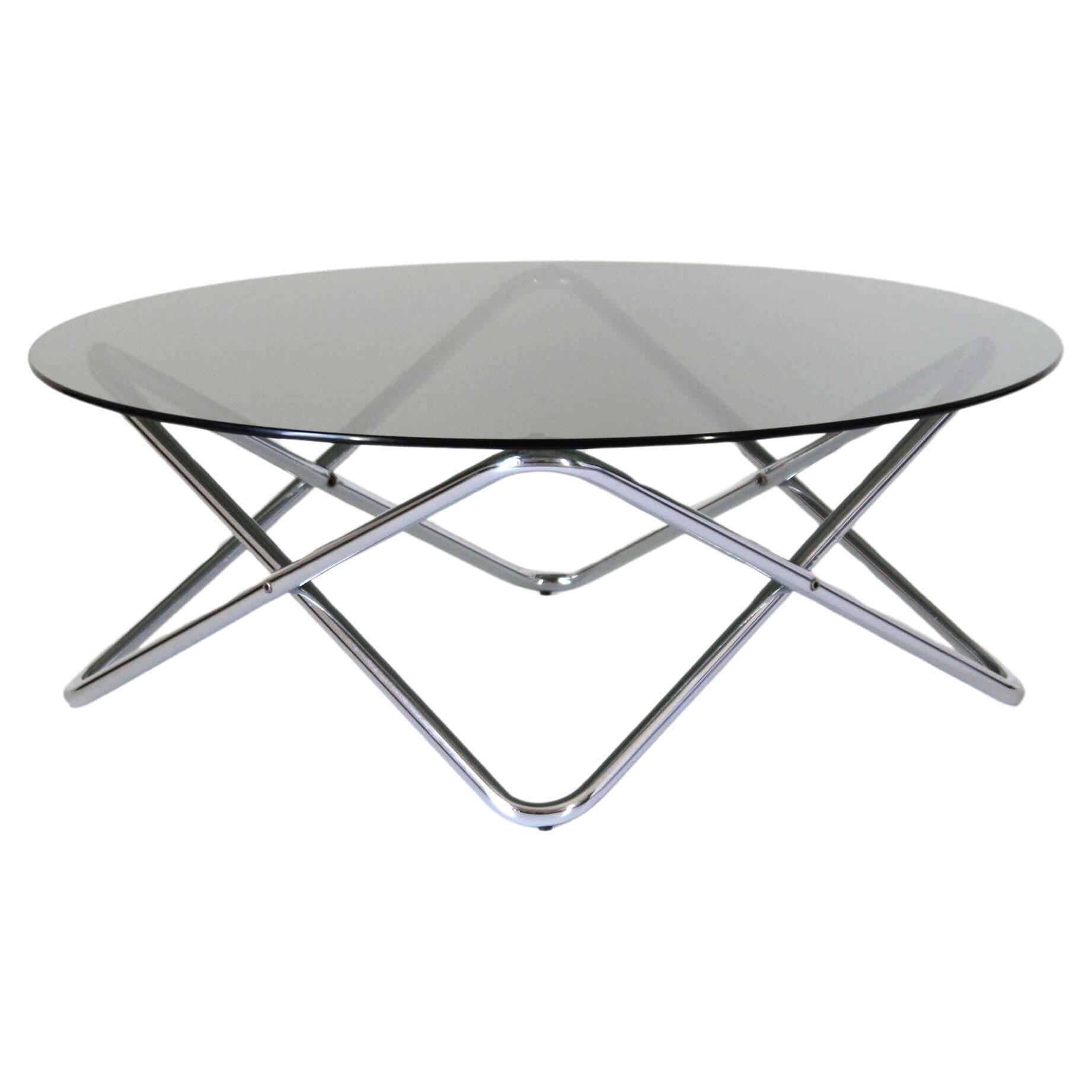 1970s vintage smoked glass and chromed round coffee table