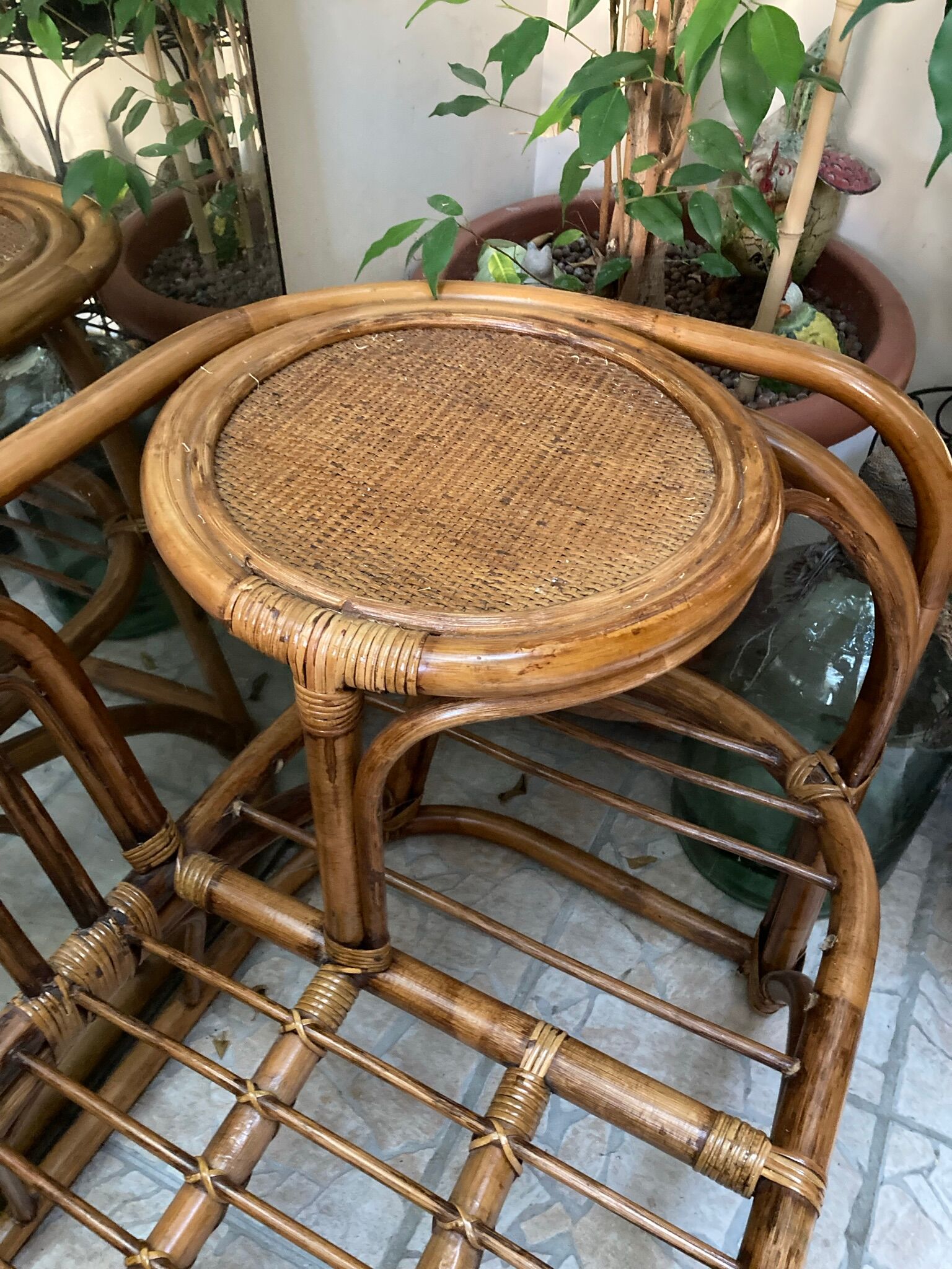 Vintage Scandinavian rattan bench tablet 1960s