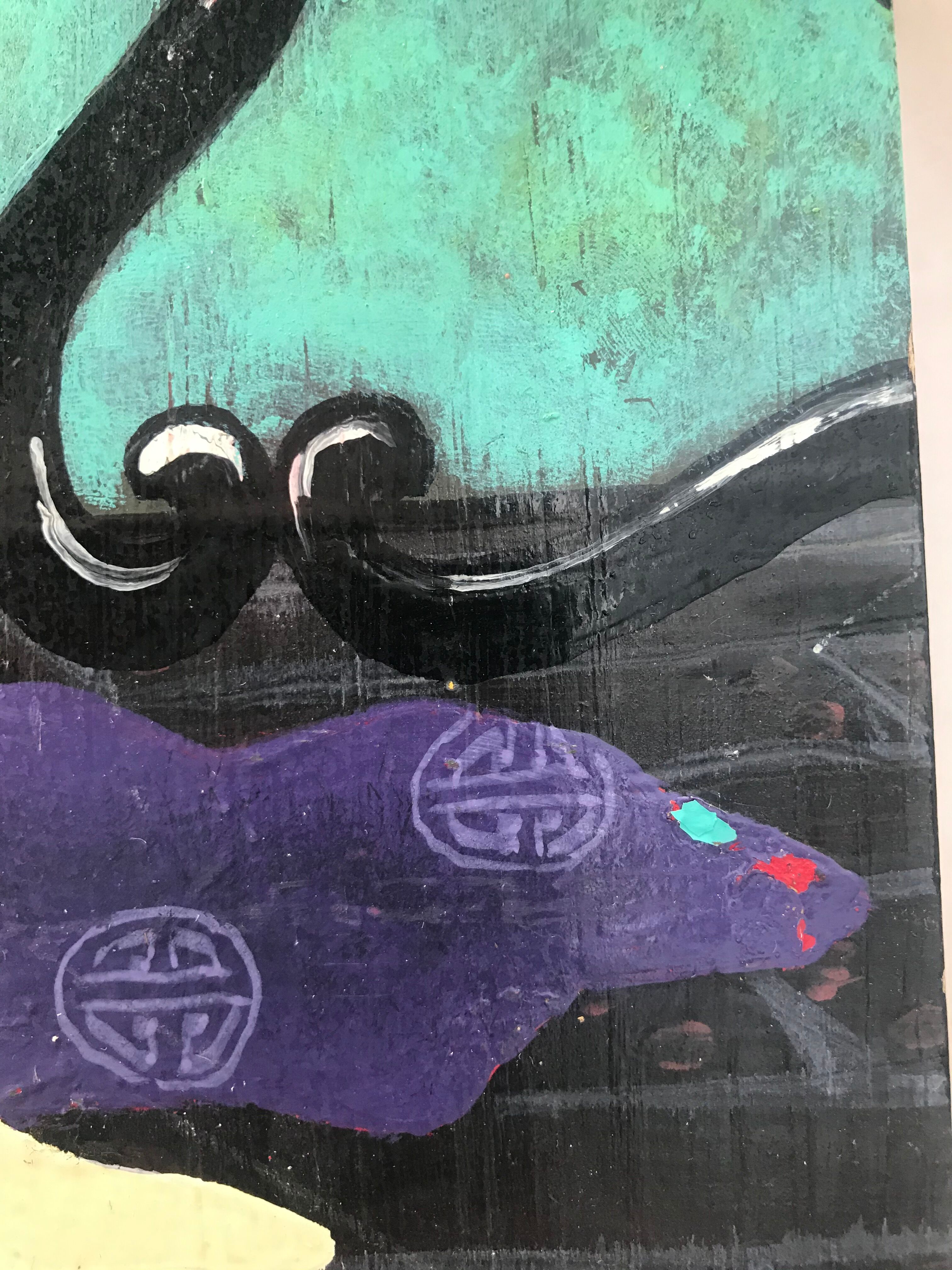 Tableau huile sur bois scène d'intérieur japonais