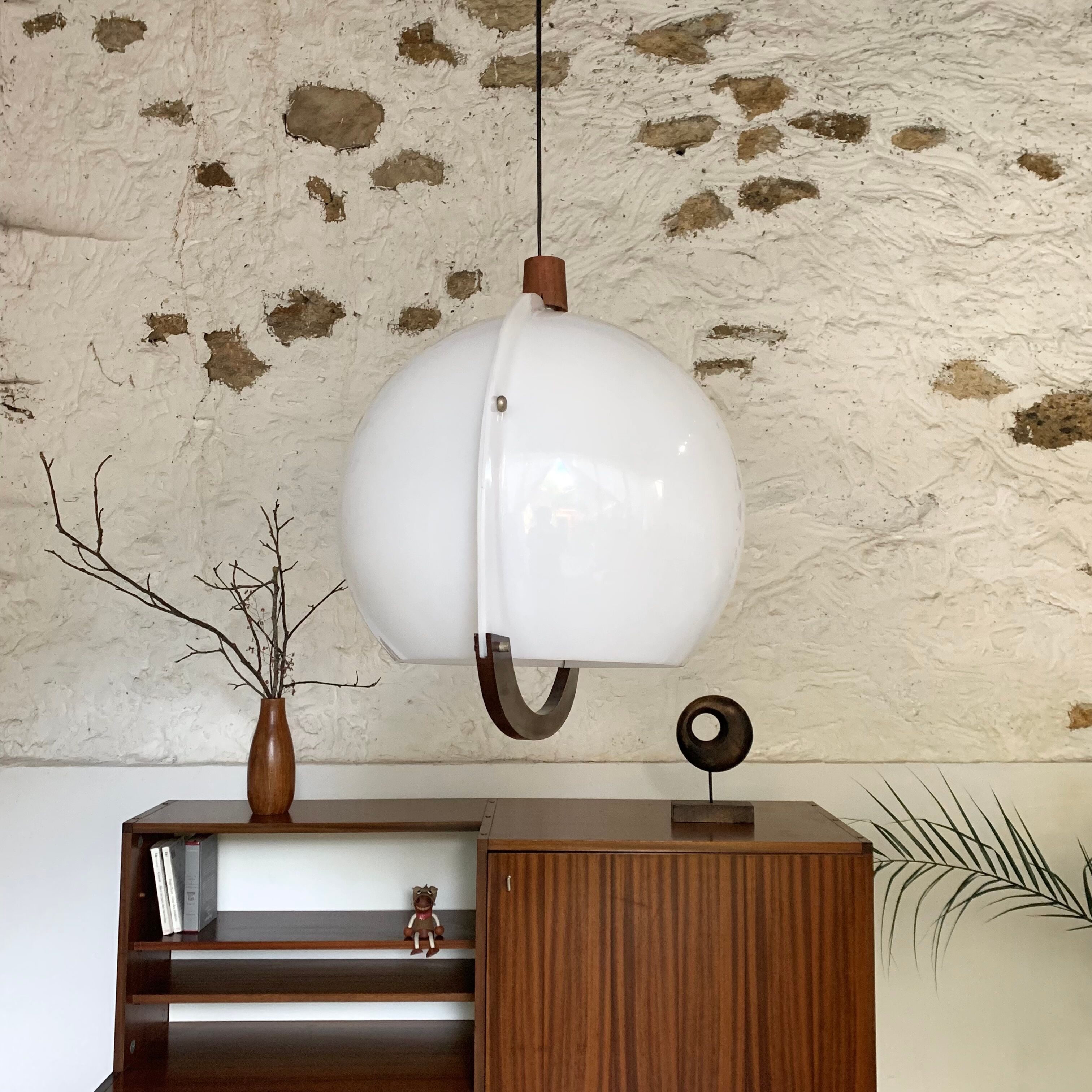 Vintage teak and plexiglass seventies pendant lamp