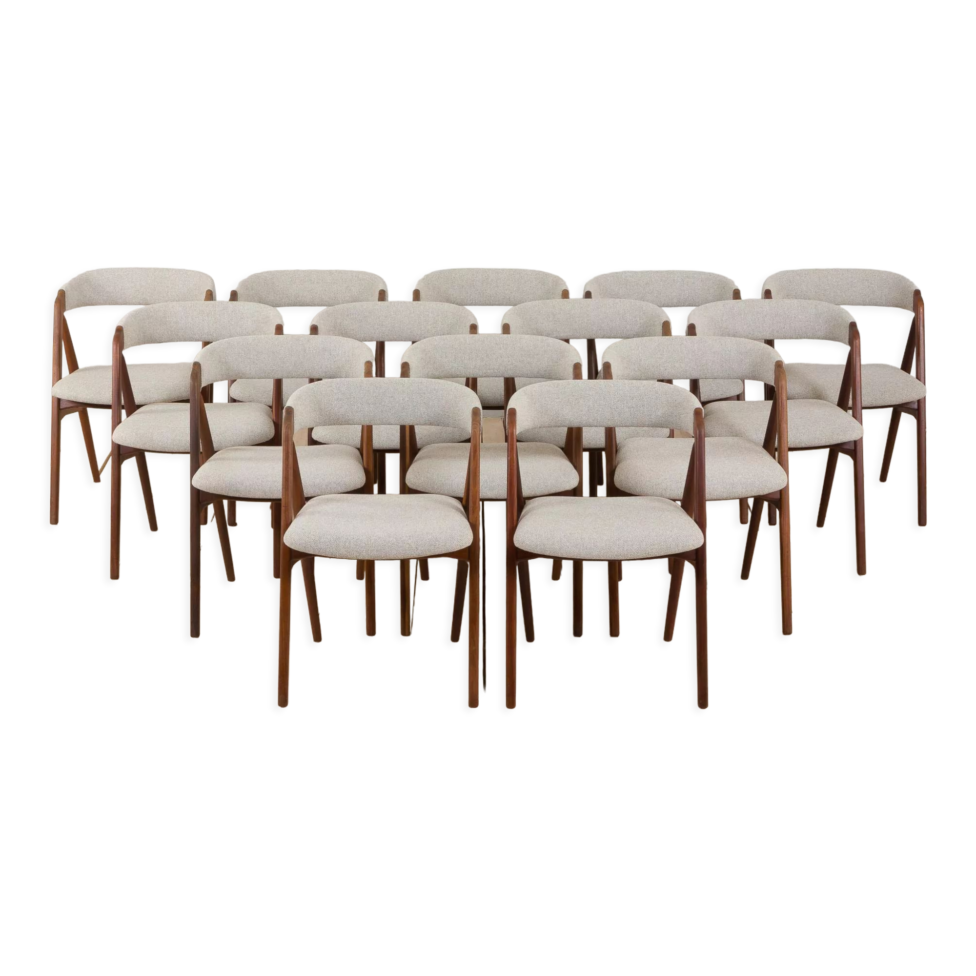 Set of 14 mid-century Danish teak dining chairs by Th Harlev for Farstrup Møbler in blue wool 1950