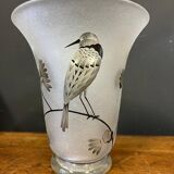 Vase Daum Nancy France - Oiseau Branché Réserve with acid enhanced with black enamel