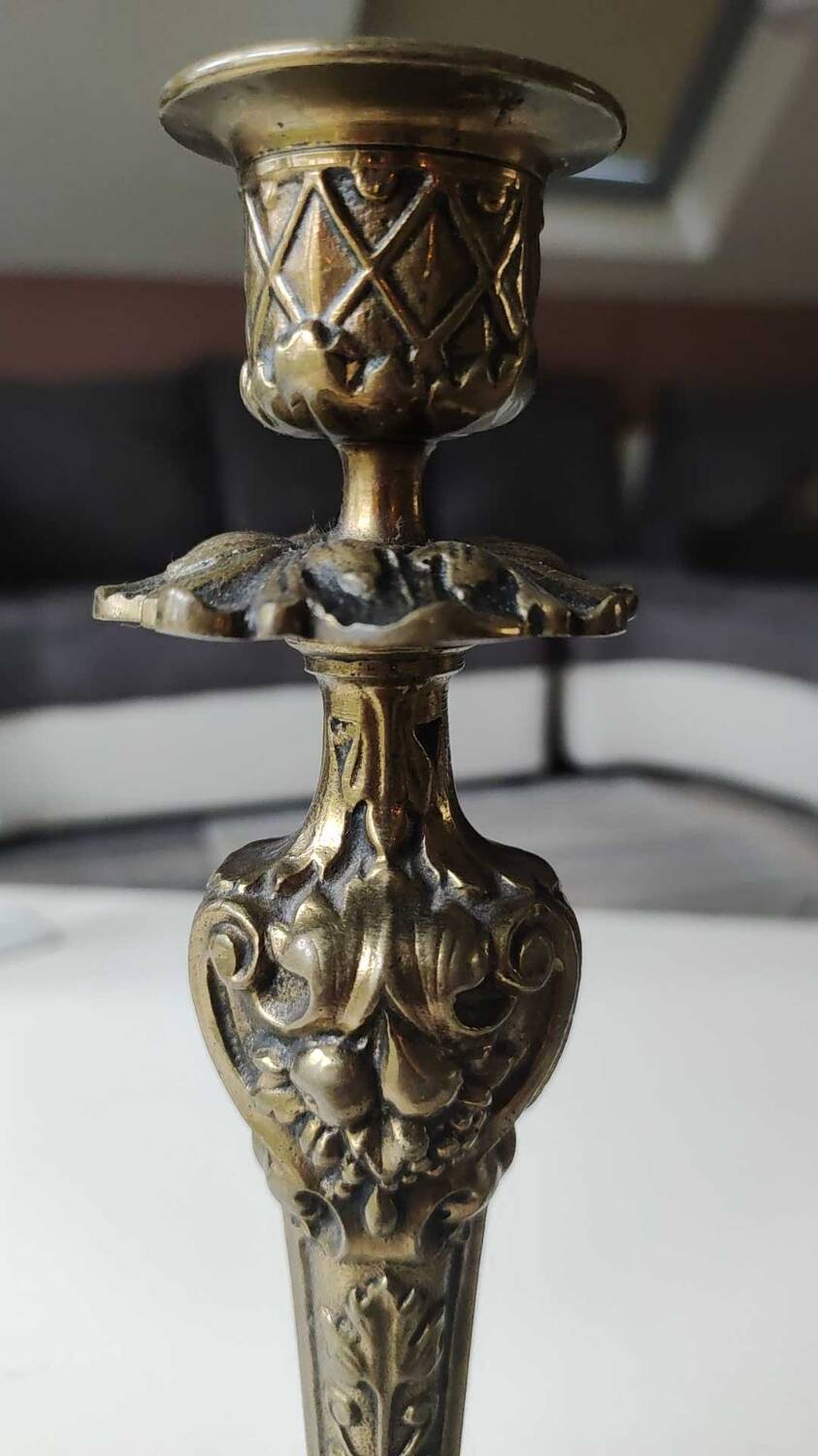 Pair of Antique Flambeaux Candlesticks/Baroque Style, Rocaille. In gilded bronze. 19th century