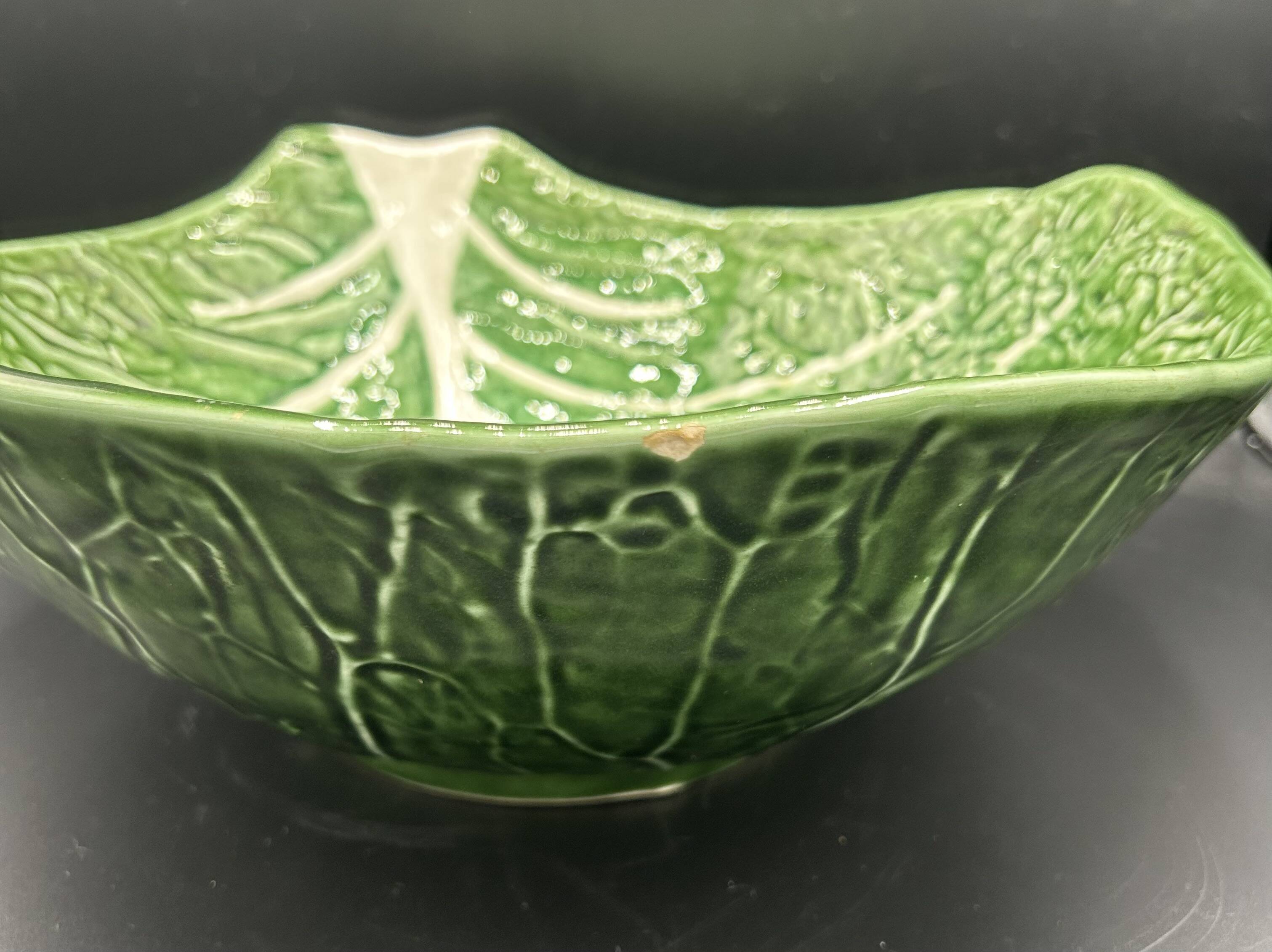 Large Salad Bowl Barbotine Cabbage Leaf - Portugal Vintage P.777A