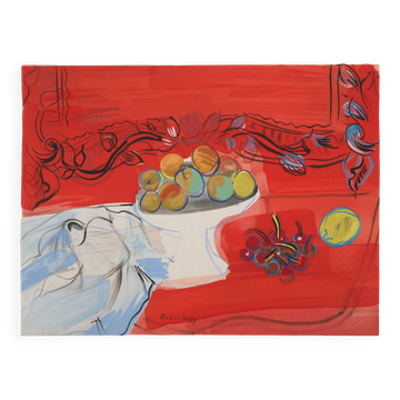 Raoul DUFY: Peaches and cherries on a red background, Signed lithograph