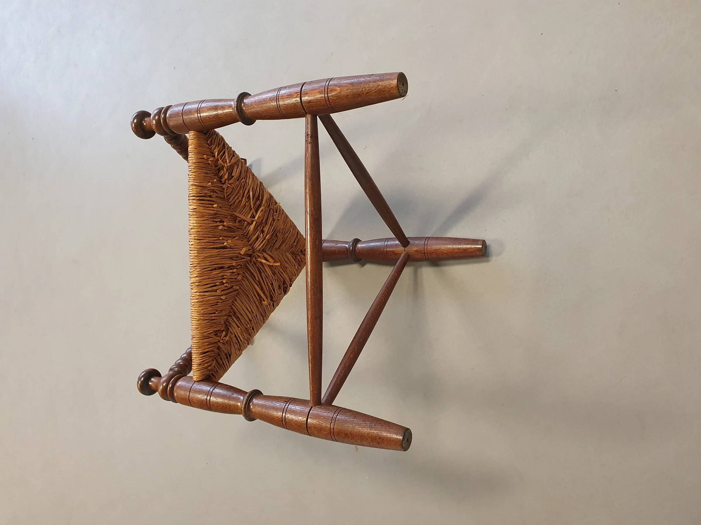 Dutch triangular turned wood corner chair rush seat knitting armchair