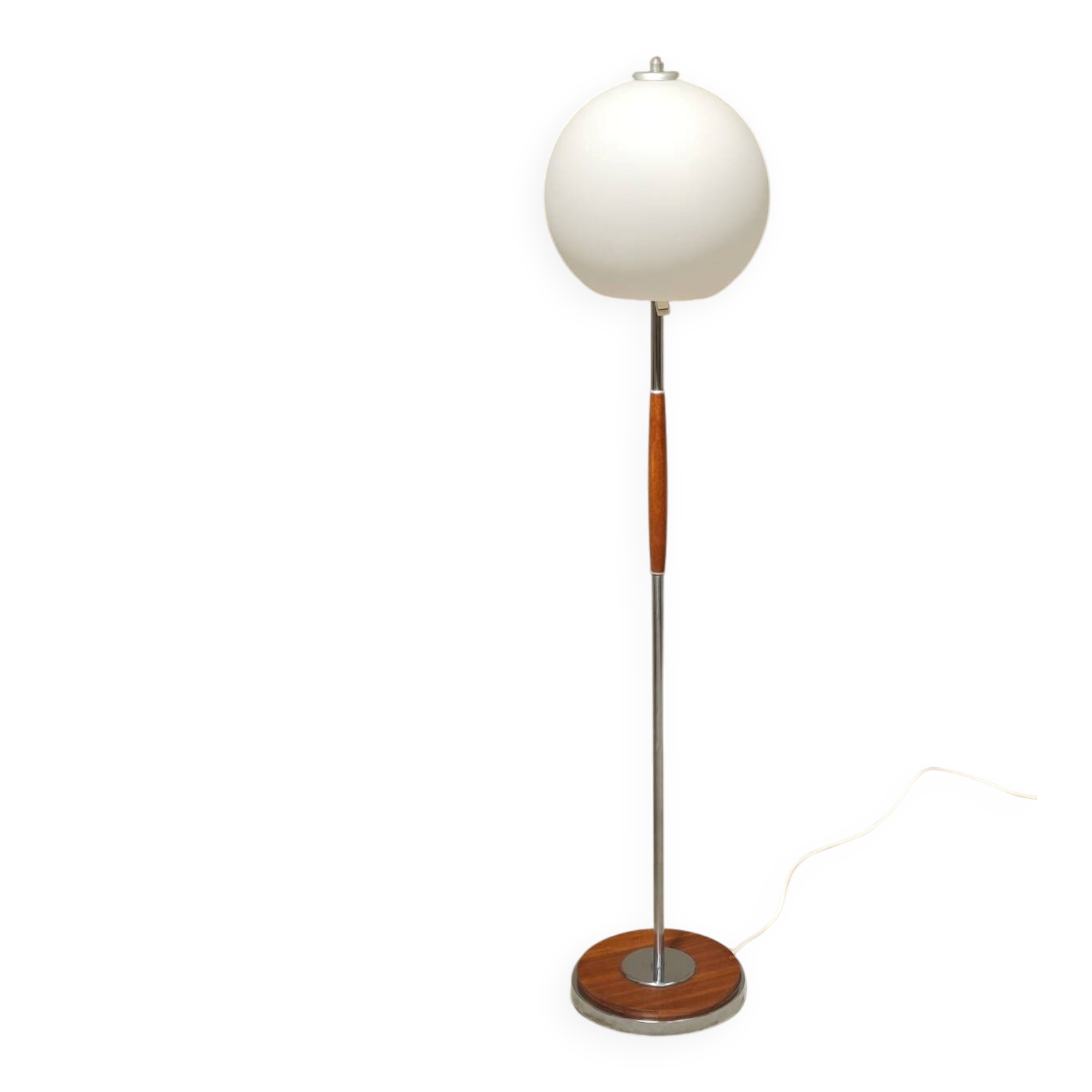 Modernist floor lamp in teak, chrome metal, opaline, Czechoslovakia 60s