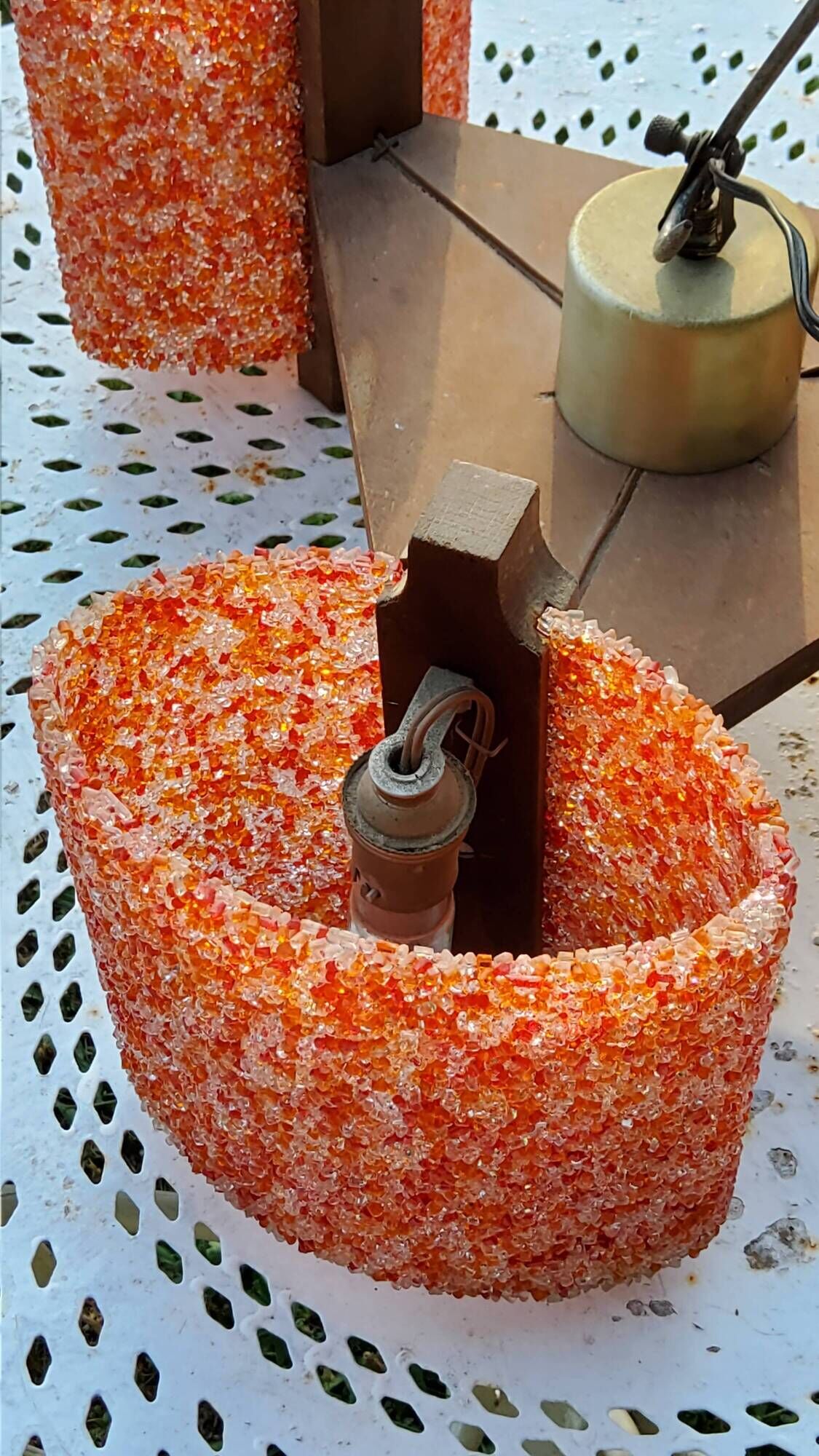 70s Scandinavian style chandelier in wood and orange granite resin 3 lights