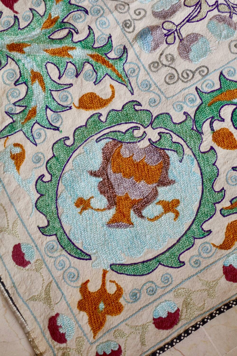 Antique hand embroidered silk suzani bedspread