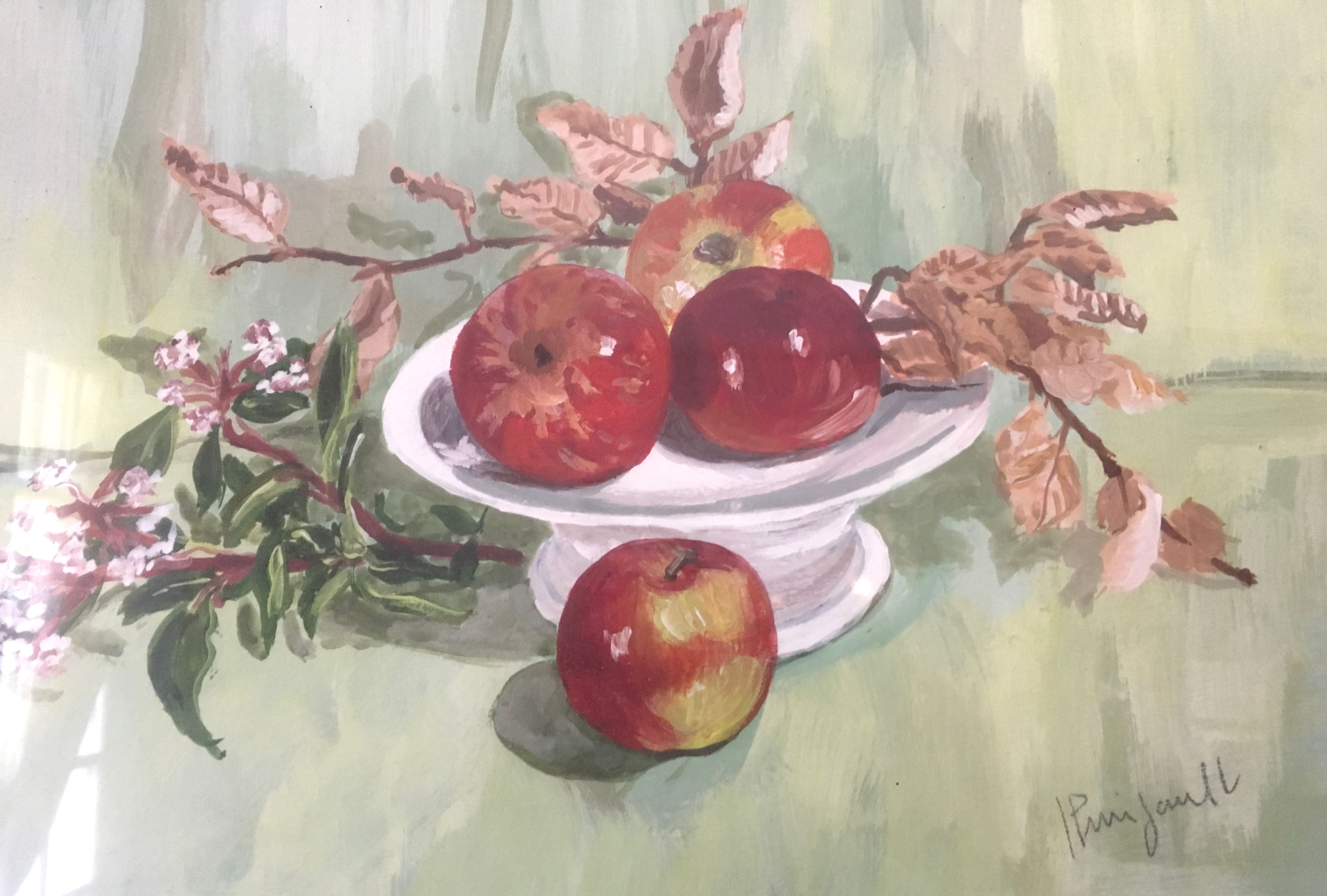 Watercolor painting apples elderflowers