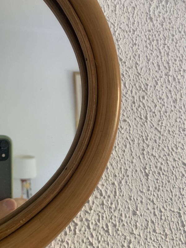 Miroir vintage 1960 pomme rotin osier bambou - 32 x 35 cm