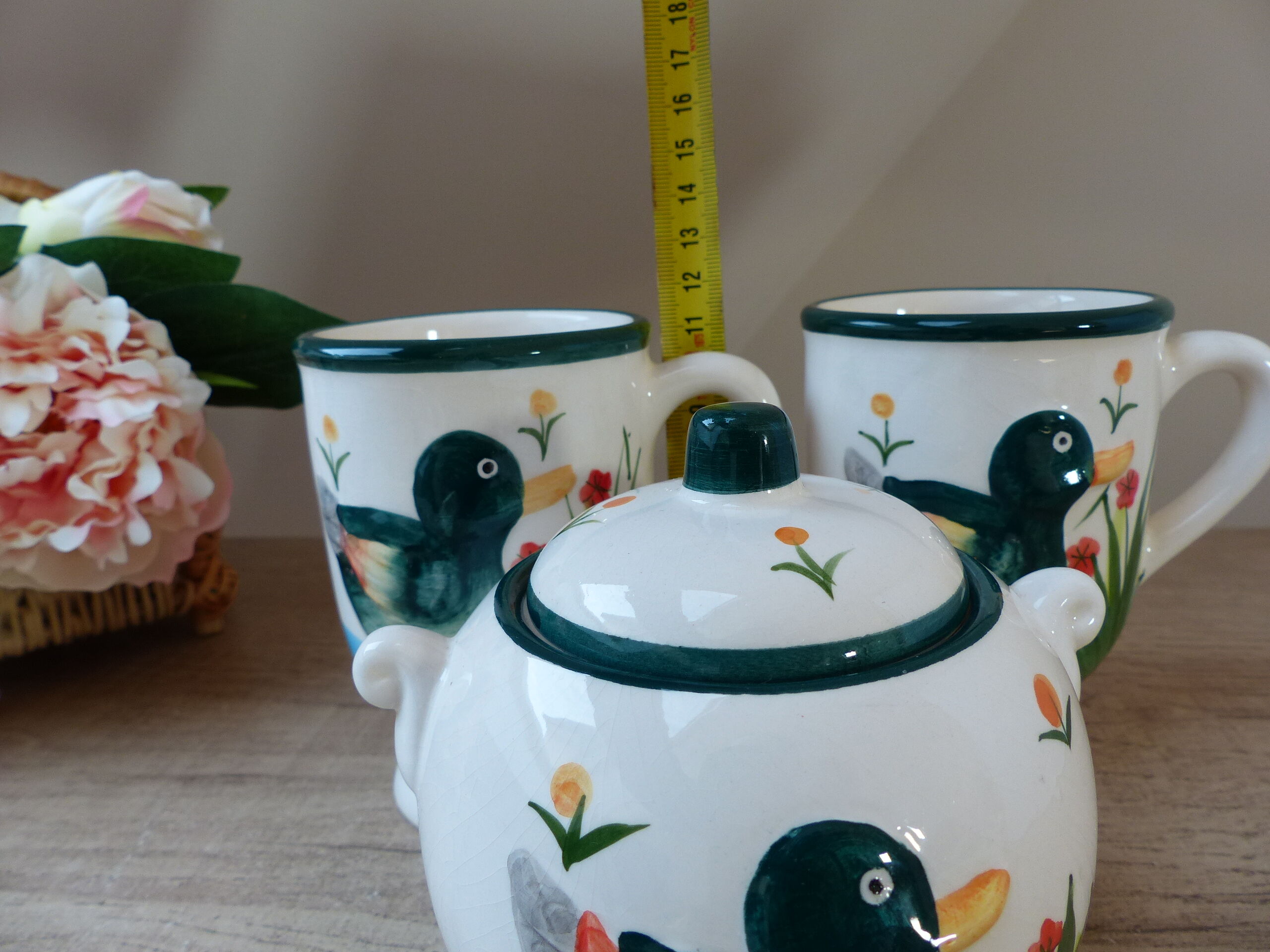 Sugar set and duo mugs, two ceramic cups decoration ducks birds green and yellow painted