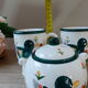 Sugar set and duo mugs, two ceramic cups decoration ducks birds green and yellow painted