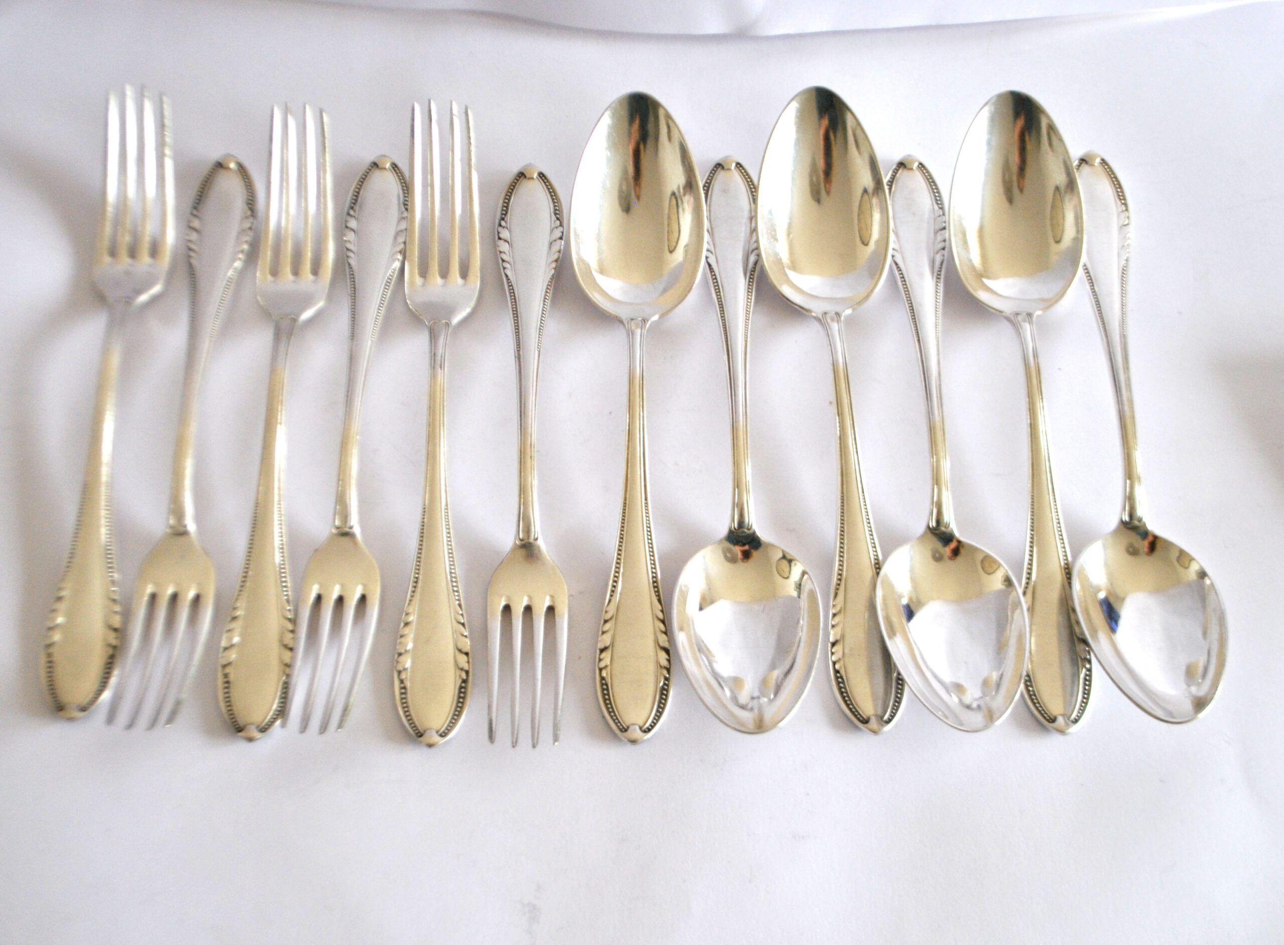 Table cover pearl 6 forks + 6 silver-plated metal spoons German Wellner Silber 21cm