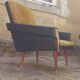 Pair of vintage 60s armchairs in black imitation leather and mustard toffee