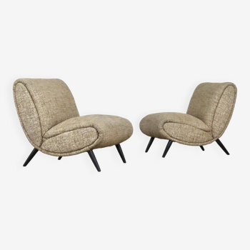 Pair Of Norman Bel Geddes Armchairs In Birch Wood & Original Wool Fabric, 1950s