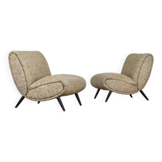 Pair Of Norman Bel Geddes Armchairs In Birch Wood & Original Wool Fabric, 1950s