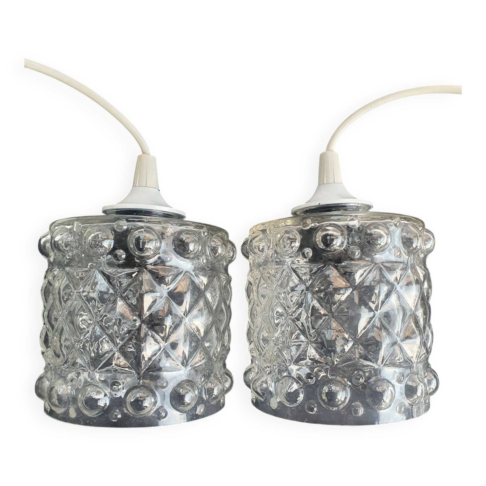 Pair of vintage 1970s glass pendant lights