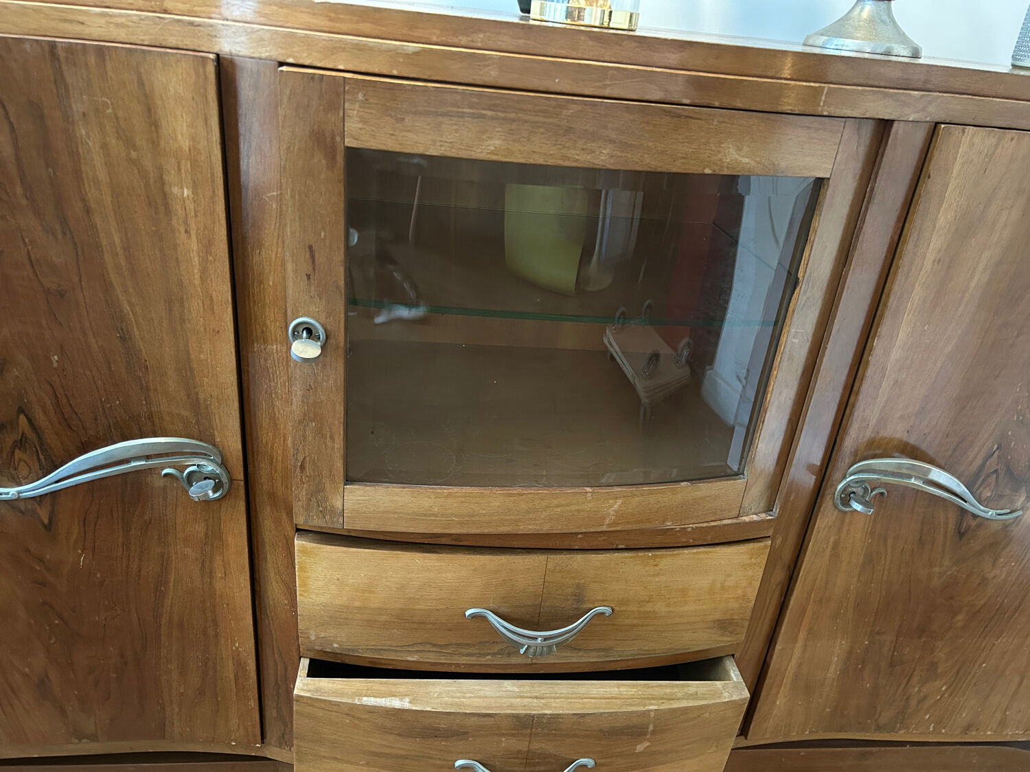 Art deco walnut grand buffet with display cabinet.
