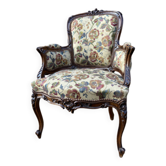 Armchair seat Louis XV Rocaille 1900s rococo Carved walnut