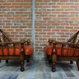 Pair of 60s armchairs in leather and wood