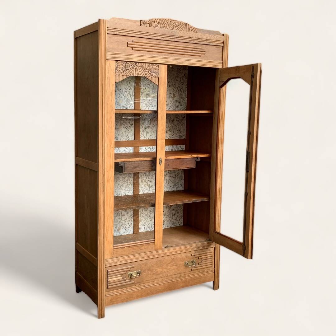 Parisian art deco glass cabinet in raw wood