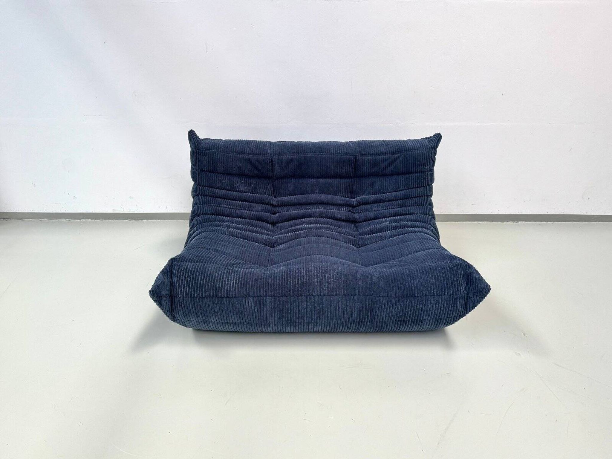 French Togo 2-seater sofa in blue corduroy attributed to Michel Ducaroy for Ligne Roset, 1970s