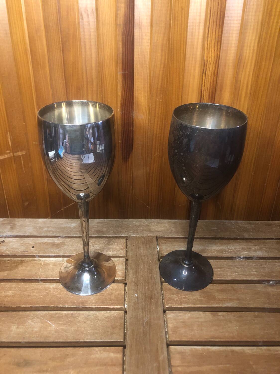 Pair of vintage silver metal wine glasses