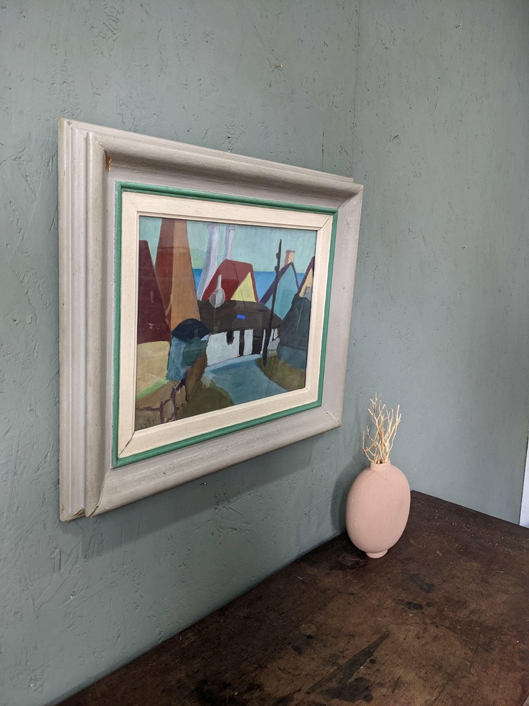 1955 Mid-Century Modern "Street Houses" Swedish Vintage Street Scene Oil Painting, Framed