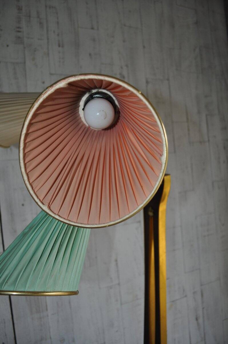 Illuminated cocktail cabinet in brown walnut and brass, multicoloured lampshades, 1950s.