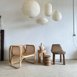 Suspension in rattan and japanese natural linen in the shape of a lantern h50 d30