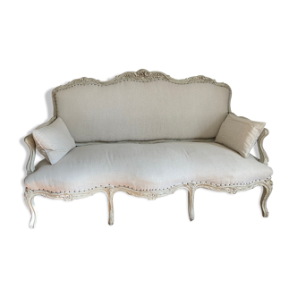 French sofa upholstered in mushroom grey linen