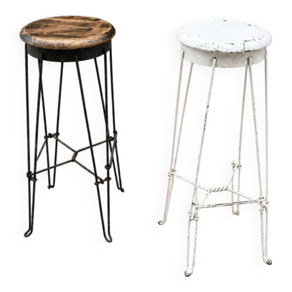 Paire de tabourets de bar vintage industriels en métal et bois – années 195