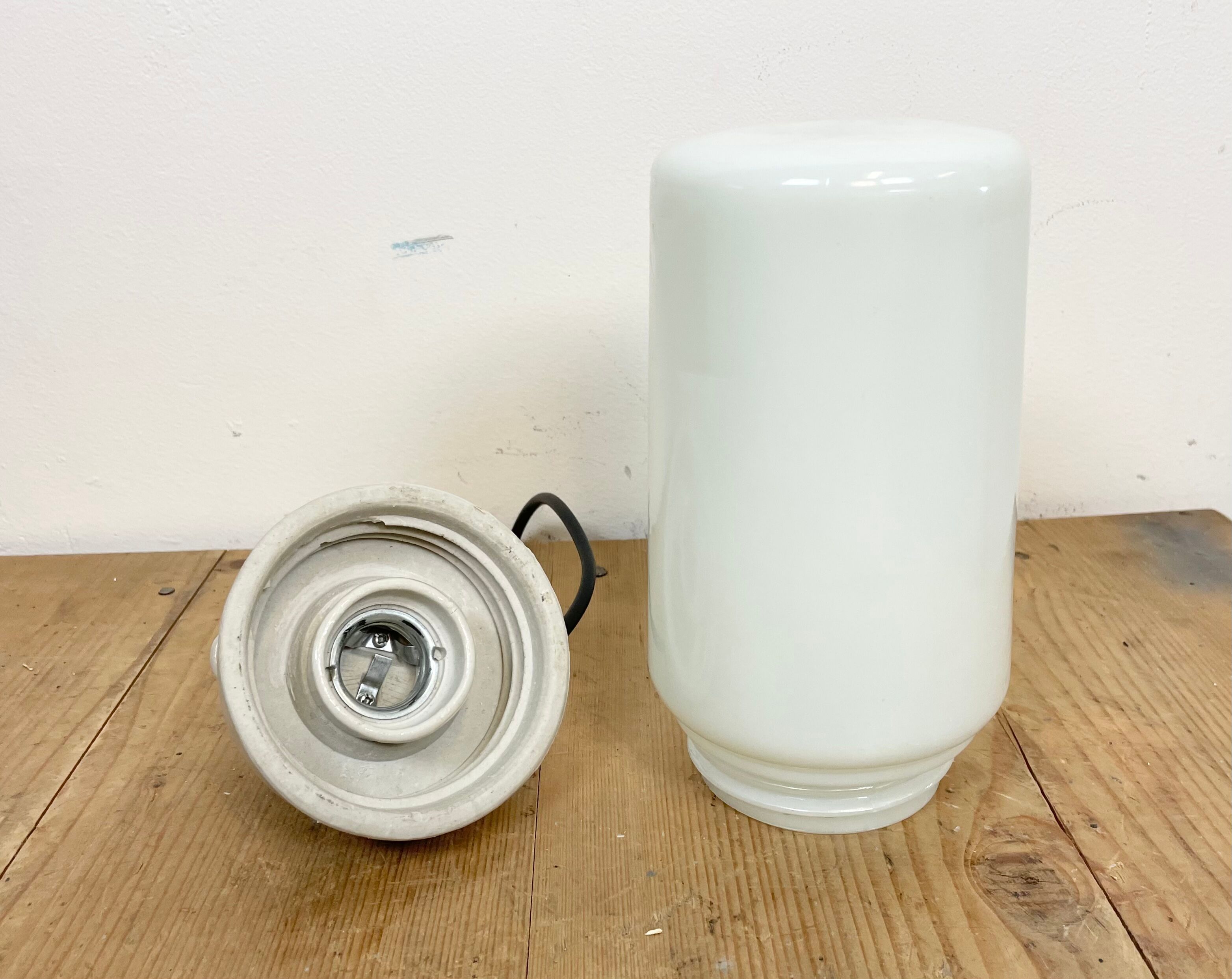 Industrial White Porcelain Pendant Light with Milk Glass, 1970s