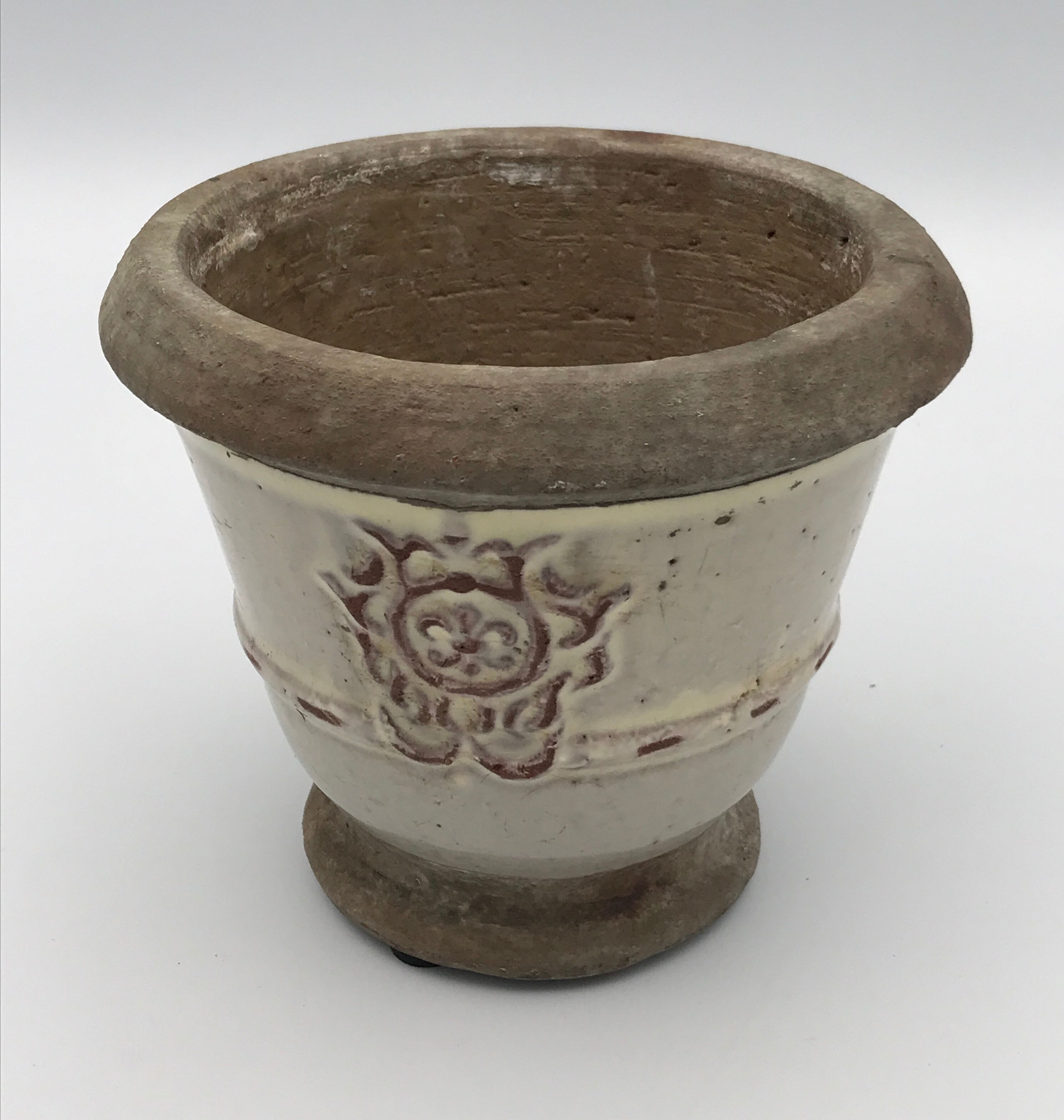 Cache-pot, poterie vintage en grès émaillée céruse à décor de médaillon