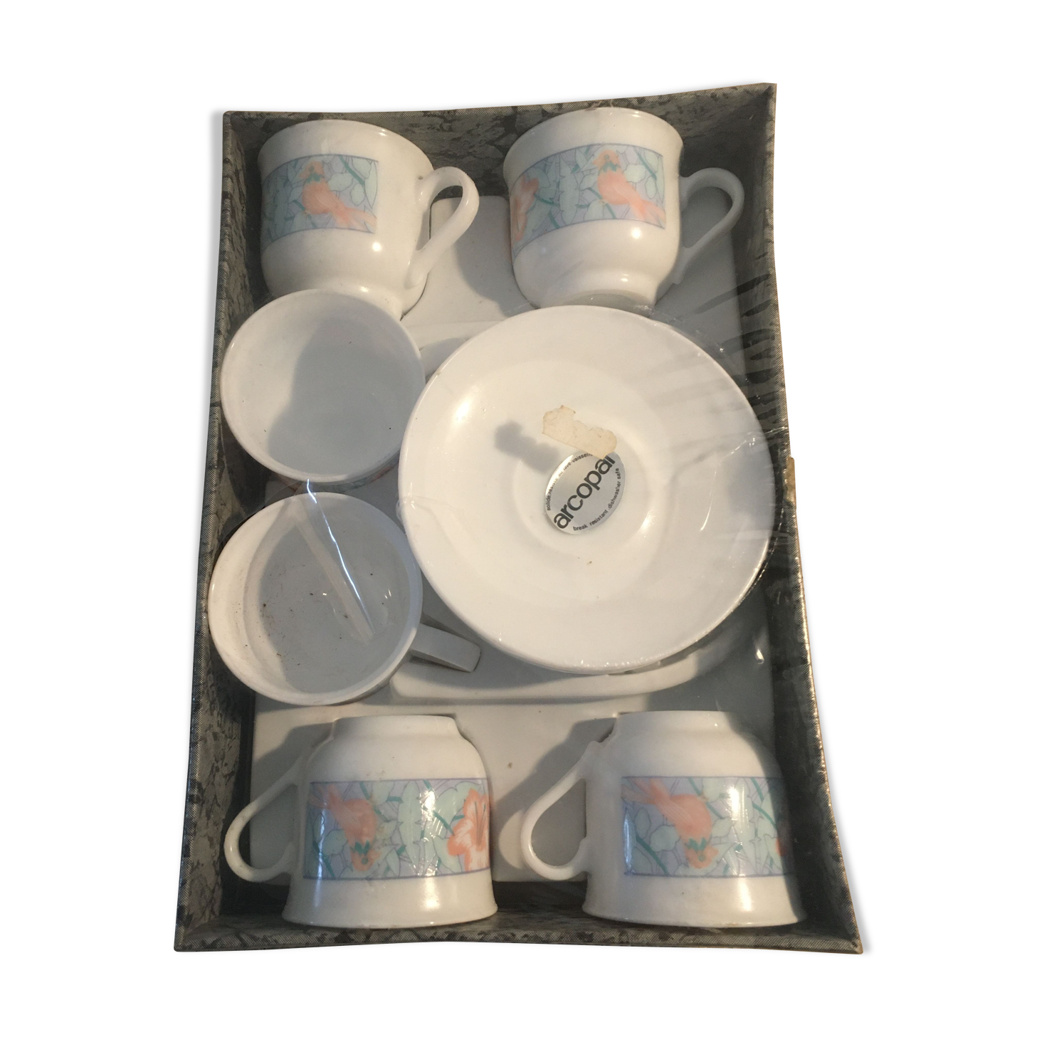 Arcopal coffee set 6 cups et 6 saucers pattern bird and ibiscus